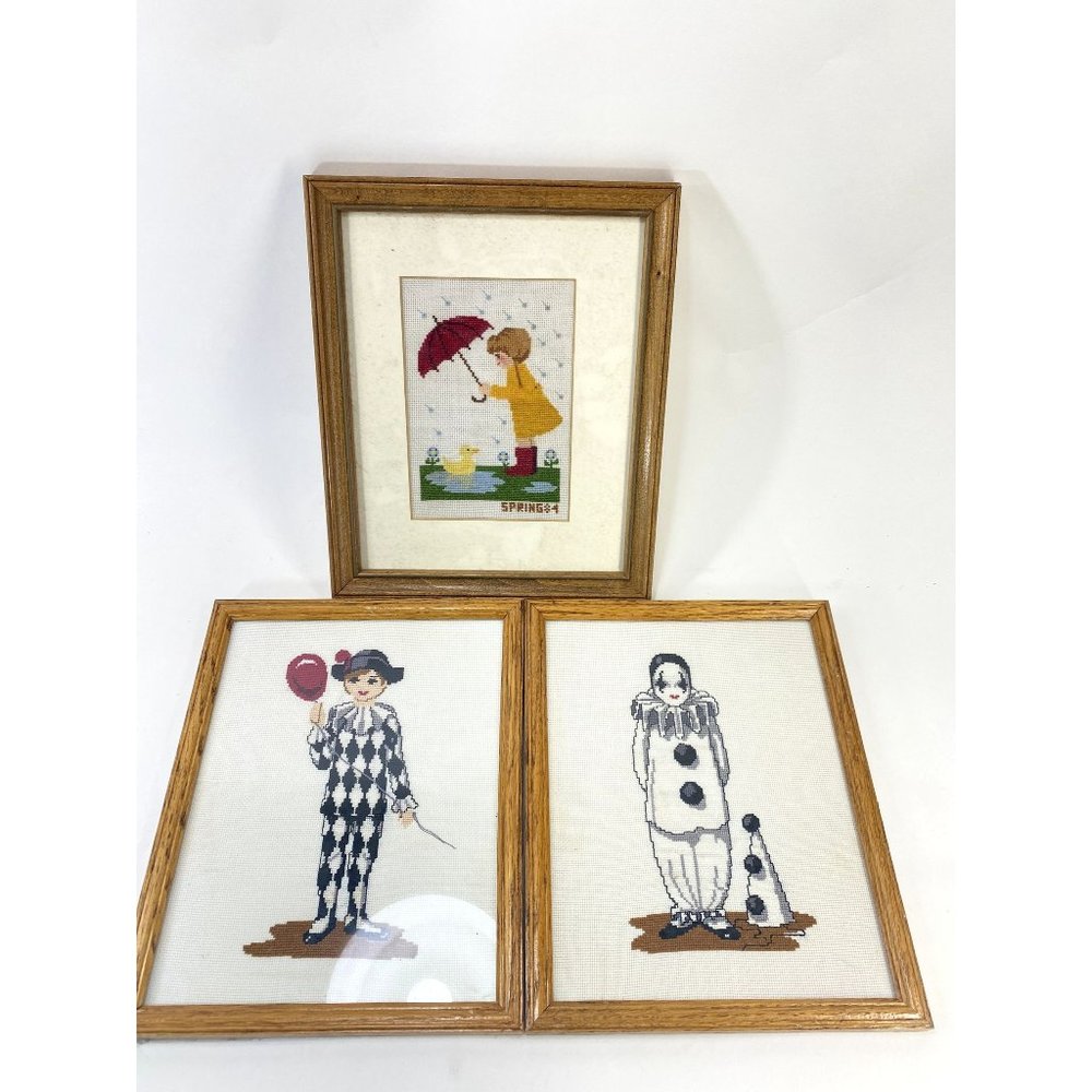 Three Framed Needlepoints Clown Girl Dog Spring